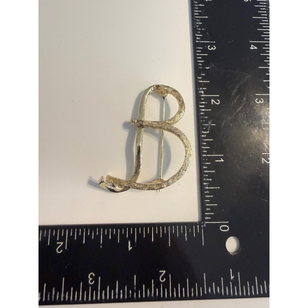 Vintage Gold Tone Initial B Brooch Textured‎ Monogram Cursive Script Pin 2 Inch